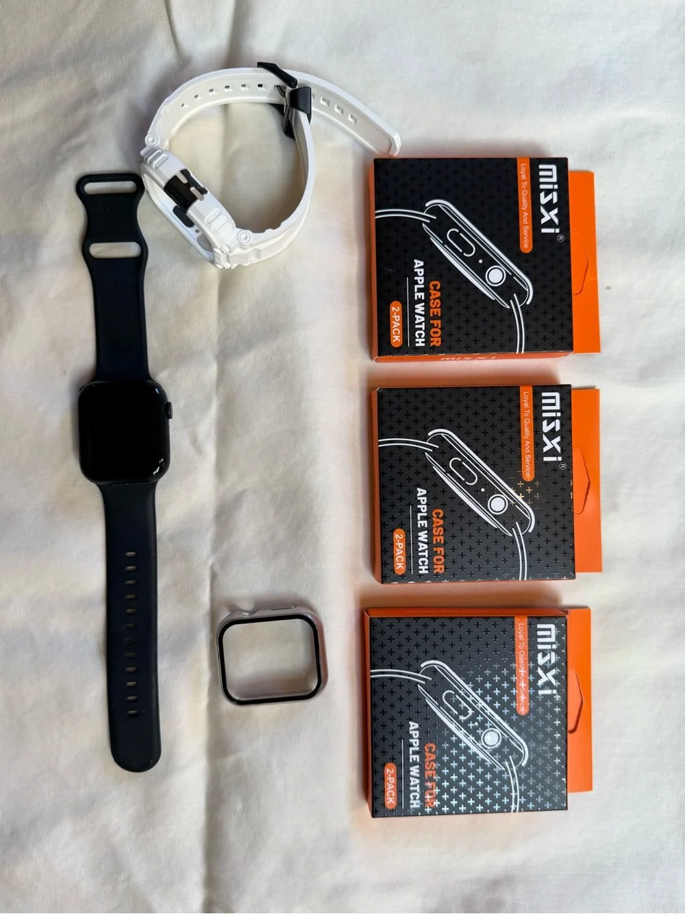 Apple Black Smartwatch with White Rugged Shell and Clear Screen Case